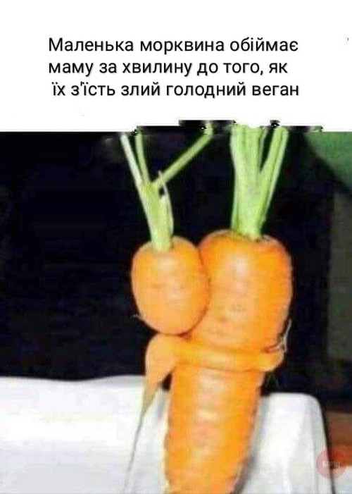 Маленька морквина обіймає маму за хвилину до того, як їх з'їсть злий голодний веган