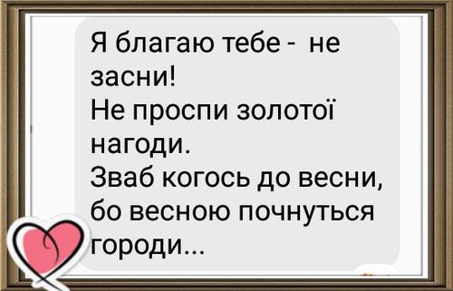 Я благаю тебе — не засни! Не проспи золотої нагоди. Зваб когось до весни, Бо весною почнуться городи...