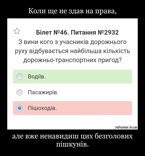 Коли ще не здав на права,
але вже ненавидиш цих безголових пішкунів.