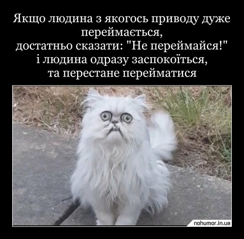 Якщо людина з якогось приводу дуже переймається, достатньо сказати: 'Не переймайся!' і людина одразу заспокоїться, та перестане перейматися