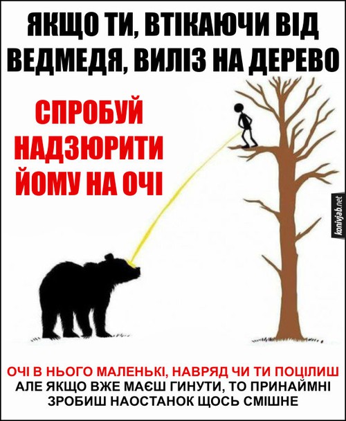Якщо ти, втікаючи від ведмедя, виліз на дерево — спробуй надзюрити йому в очі. Очі в нього маленькі, навряд чи ти поцілиш, але якщо вже маєш гинути, то принаймні зробиш наостанок щось смішне.
